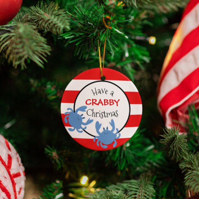 Have a Crabby Christmas Red Nautical Stripe Metal Tree Decoration (Creator Uploaded)