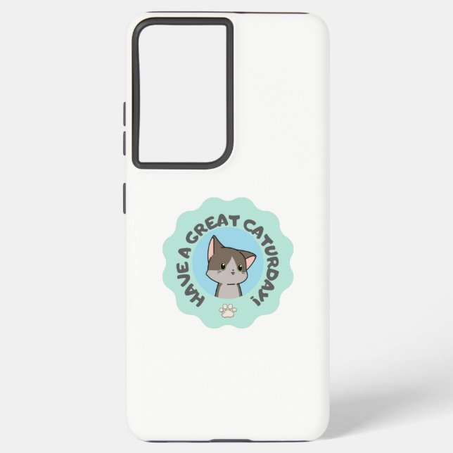 Have a great caturday! Turquoise cartoon manga cat Samsung Galaxy S21 Ultra Case (Back)