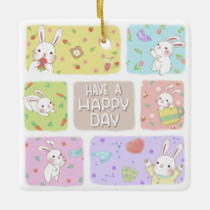 Have A Happy Day: Cute Bunny Illustration Ceramic Ornament