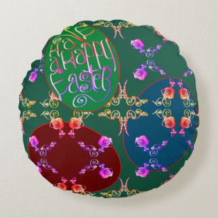 "Have a Happy Easter" Eggs in Green  Round Cushion