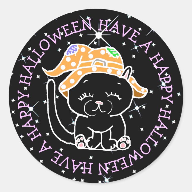 Have a Happy Halloween Cute Black Cat Classic Round Sticker (Front)