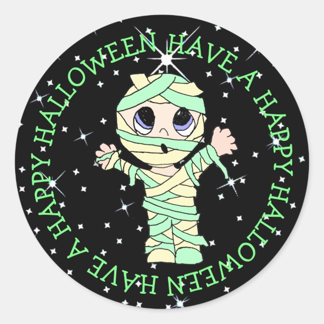 Have a Happy Halloween Cute Mummy Classic Round Sticker (Front)