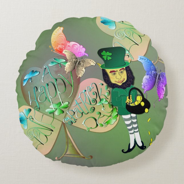 "Have a Happy St. Patrick's Day!" Leprechaun  Round Cushion (Front)