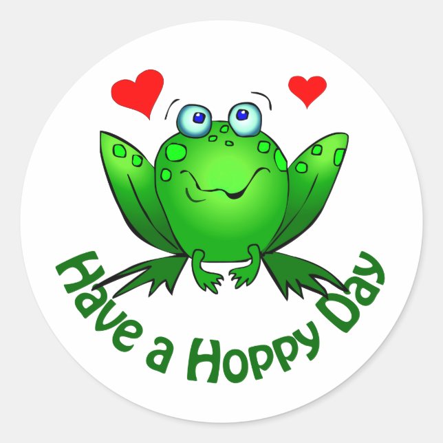 Have a Hoppy Day Cute Green Frog w Hearts Classic Round Sticker (Front)