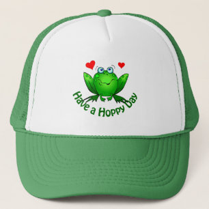 Have a Hoppy Day Cute Green Frog w Hearts Trucker Hat