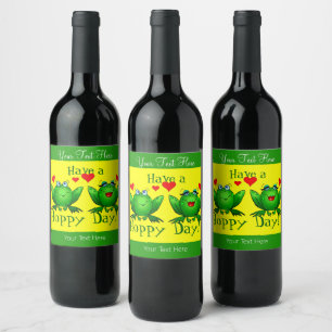 Have A Hoppy Day Happy Cartoon Frogs w Hearts Wine Label