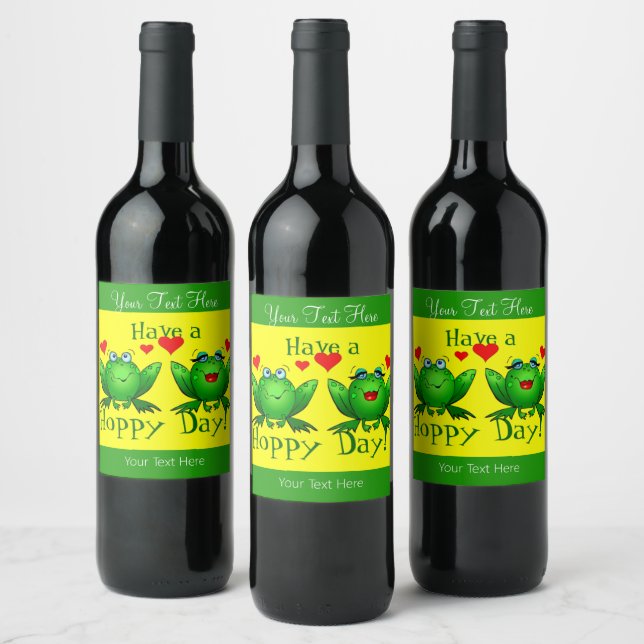 Have A Hoppy Day Happy Cartoon Frogs w Hearts Wine Label (Bottles)