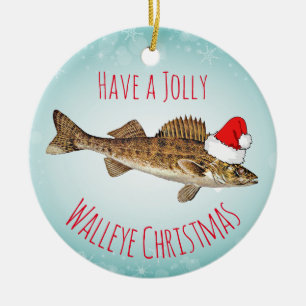 "Have a Jolly Walleye Christmas" With Santa Hat Ceramic Tree Decoration
