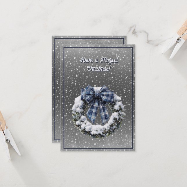 Have A Magical Christmas Wreath Blue Plaid Ribbon Card (Front/Back In Situ)