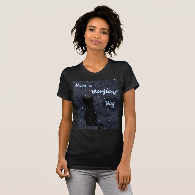 Have a Magical Day Black Cat Blue Stars T-Shirt (Front Full)