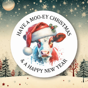 Have a Merry Christmas   Funny Cow in Santa Hat Classic Round Sticker