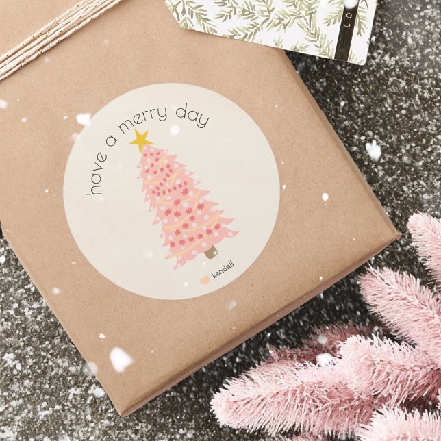 Have A Merry Day Custom Name Pink Christmas Tree Classic Round Sticker (Creator Uploaded)