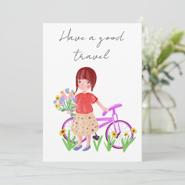 Have a nice trip, postcard. Cartoon girl with a bi Holiday Card (Standing Front)