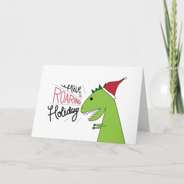 Have a Roaring Holiday T-Rex Santa Card (Front)