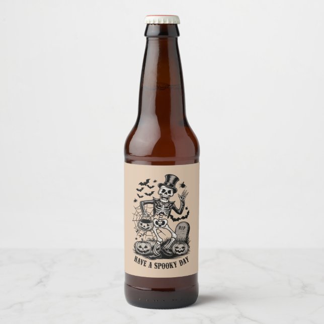 Have a spooky Day Halloween Witch Skeleton  Beer Bottle Label (Front)