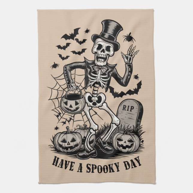 Have a spooky Day Halloween Witch Skeleton  Tea Towel (Vertical)