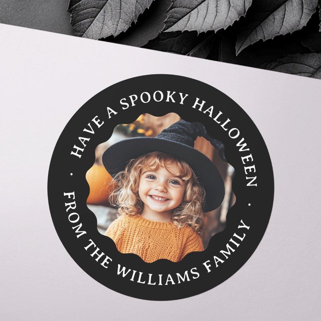 Have a spooky Halloween wavy border photo black Classic Round Sticker (Have a spooky Halloween wavy border photo black Classic Round Sticker)