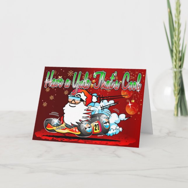 Have a Yule Thats Cool - Santa GoKart Cartoon Xmas Holiday Card (Front)