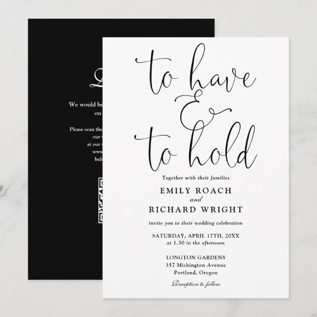 Have And To Hold QR Code Black And White Wedding Invitation (Front/Back)
