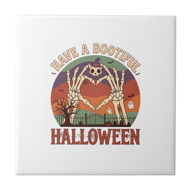 Have Bootiful Halloween Skeleton Hands Cat Skull W Tile (Front)