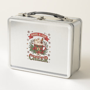 Have Cup Cheer Christmas Plaid Mug Hot Cocoa Snowm Metal Lunch Box