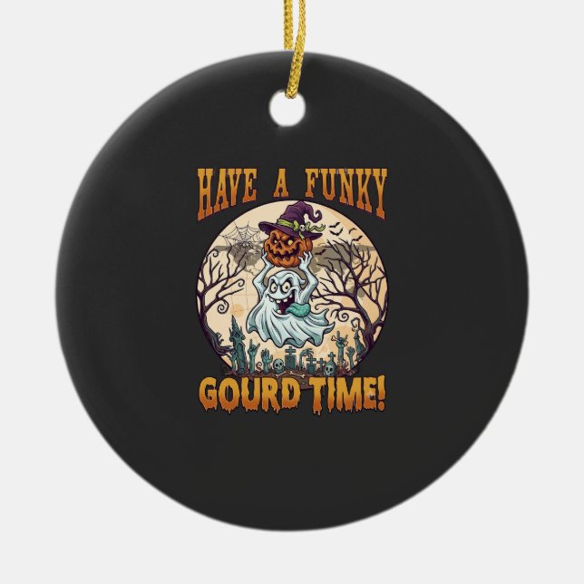 Have Funky Gourd Time Ghost Pumpkin Graveyard Ceramic Tree Decoration (Front)