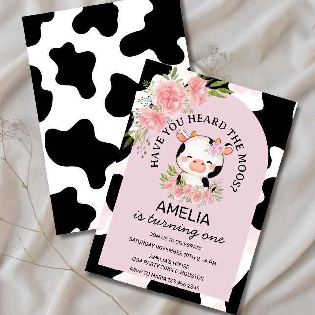 Have You Heard the Moos Pink  Cow Print  Birthday Invitation (Have You Heard the Moos cow invite with watercolor flowers)