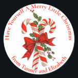 Have Yourself A Merry Candy Cane Christmas Custom Classic Round Sticker<br><div class="desc">These cute Christmas stickers feature two red and white striped candy canes tied in a red bow and a sprig holly with the words "Have Yourself A Merry Little Christmas".  Personalise by adding your name(s).  Makes an adorable holiday gift tag!</div>