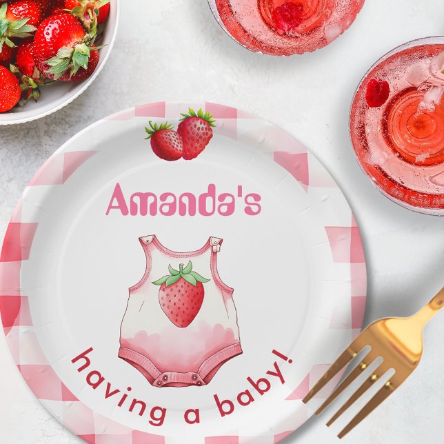 Having a Baby Shower Gingham Strawberry Cute Party Paper Plate (Mother-to-be is having a baby strawberry picnic gingham party tableware watercolor cute cottagecore)