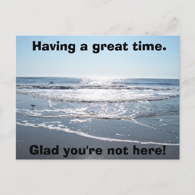 Having a great time., Glad you're not here! Postcard (Front)