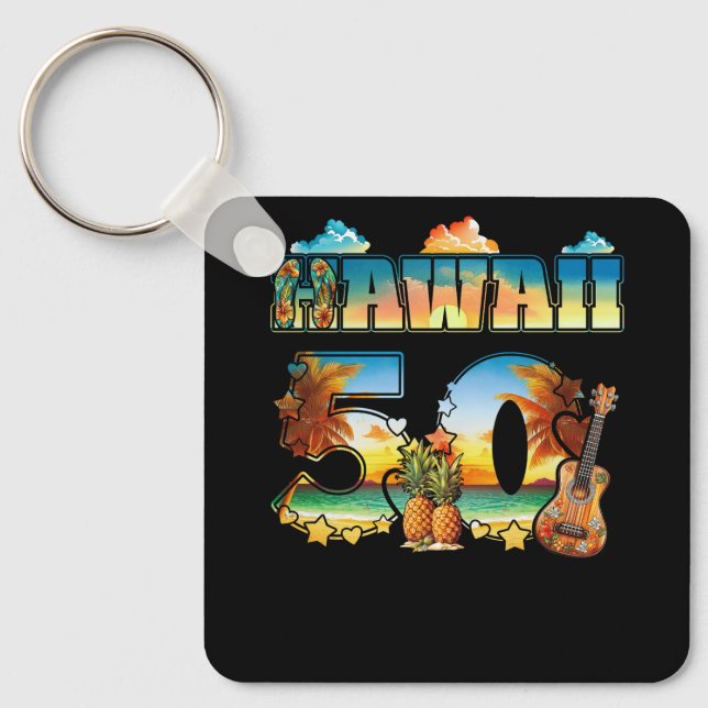 Hawaii 50Th State Hawaiian Beach Hibiscus 50 Maui  Key Ring (Front)