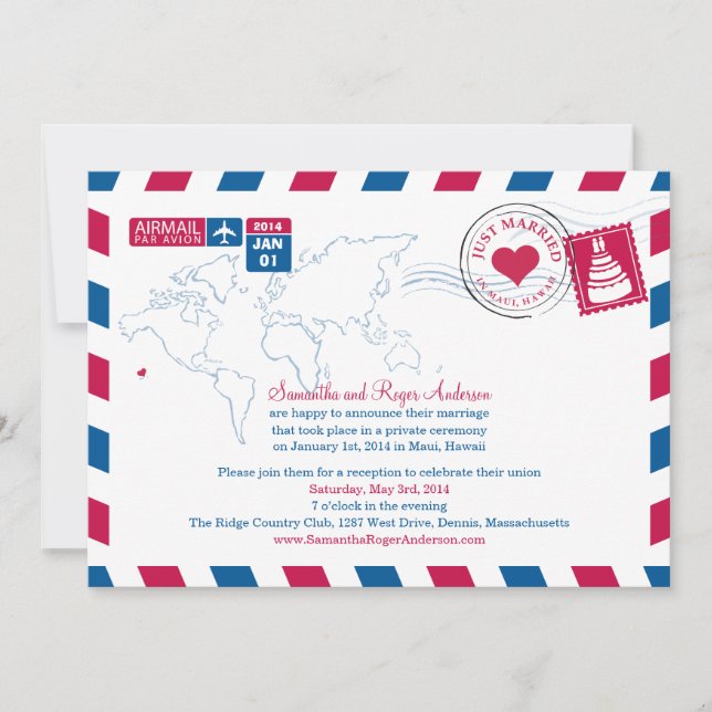 Hawaii Air Mail Post Wedding Reception Invitation (Front)