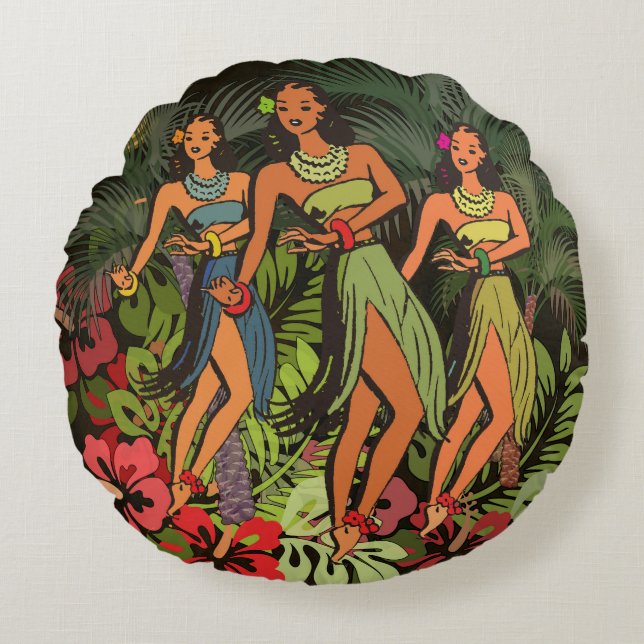 Hawaii Aloha Palm Hula Art Design Round Cushion (Front)