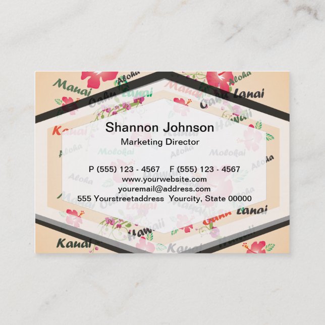 Hawaii Aloha Print with Flowers and Island Names Business Card (Back)
