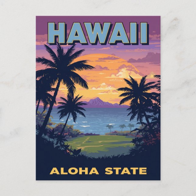 Hawaii Aloha State Vintage Sunset Palm Trees Postcard (Front)