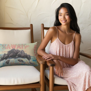 Hawaii Aloha Vibes - Vintage Postcard & Watercolor Lumbar Cushion