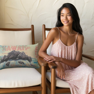 Hawaii Aloha Vibes - Vintage Postcard & Watercolor Lumbar Cushion
