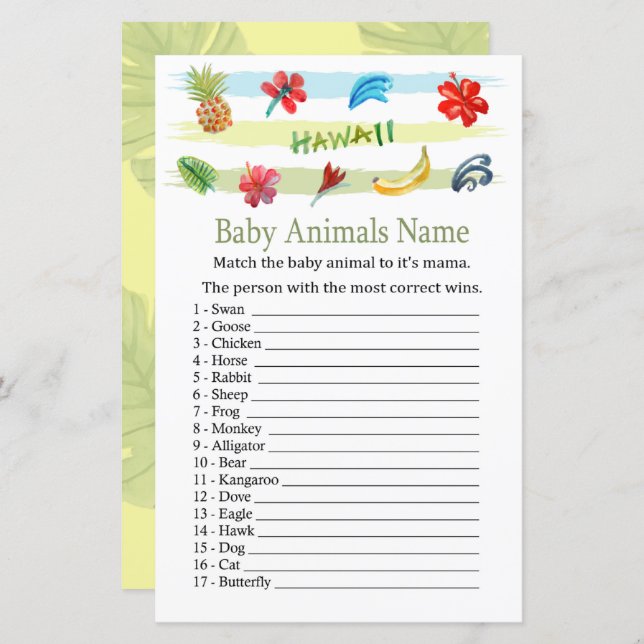 Hawaii Baby Animals Name Game (Front/Back)