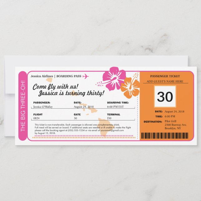 Hawaii Birthday Boarding Pass Invitation (Front)