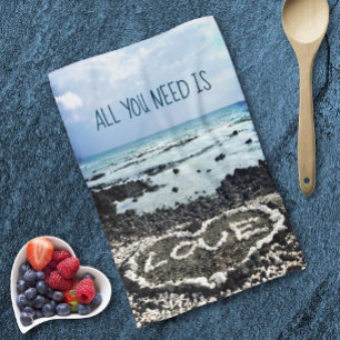 Hawaii black sand beach & coral "love" heart photo tea towel