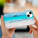 Hawaii blue ocean sandy beach photo add your name iPhone 15 case<br><div class="desc">Remind yourself of the fresh salt smell of the ocean air whenever you use this stunning, vibrantly-coloured photo, personalised name cell phone case. Exhale and explore the solitude of an empty Hawaiian beach. Makes a great gift for someone special! Just type in the name of your choice and you can...</div>