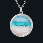 Hawaii blue ocean sandy beach photo custom name silver plated necklace<br><div class="desc">Remind yourself of the fresh salt smell of the ocean air whenever you wear this stunning, vibrantly-coloured photo, personalised name charm necklace. This necklace comes in small, medium and large sizes, as well as both square and circle shapes. You can order this necklace in your choice of sterling silver, silver...</div>