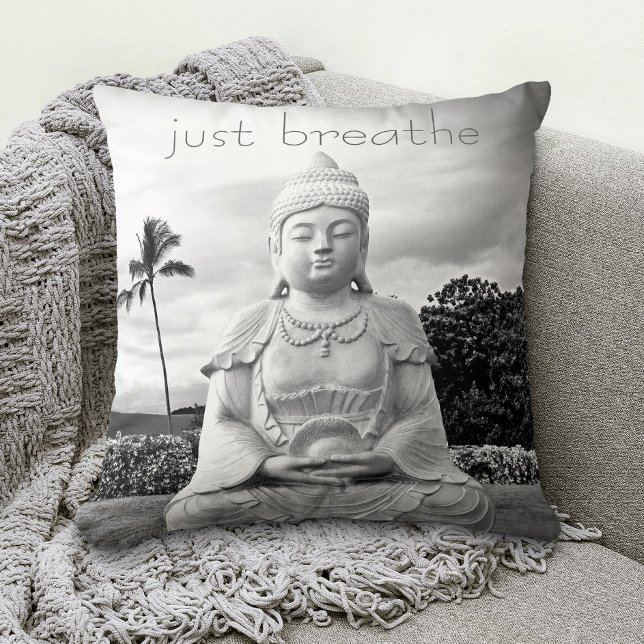 Hawaii Buddha Black White Photo Just Breathe Quote Cushion (Creator Uploaded)