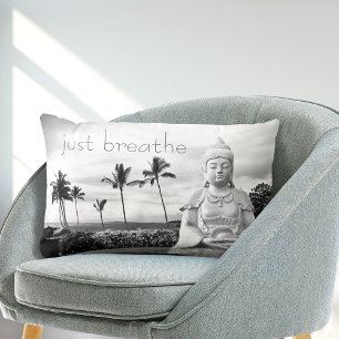 Hawaii Buddha Just Breathe Black and White Photo Lumbar Cushion