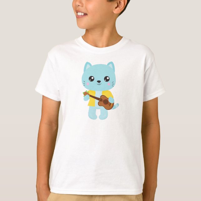 Hawaii Cat, Cute Cat, Blue Cat, Guitar, Luau T-Shirt (Front)