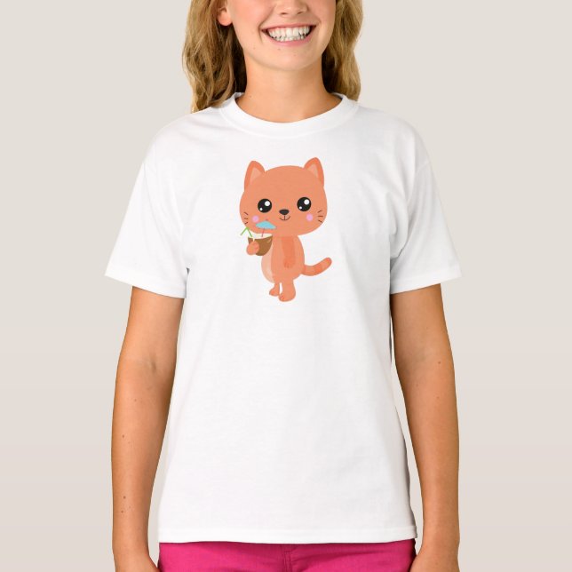 Hawaii Cat, Cute Cat, Orange Cat, Cocktail, Luau T-Shirt (Front)