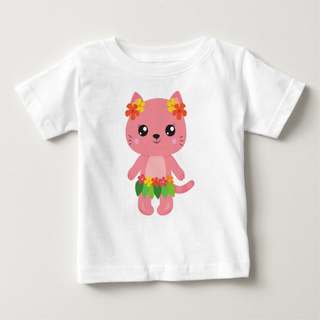 Hawaii Cat, Cute Cat, Pink Cat, Flowers, Luau Baby T-Shirt (Front)