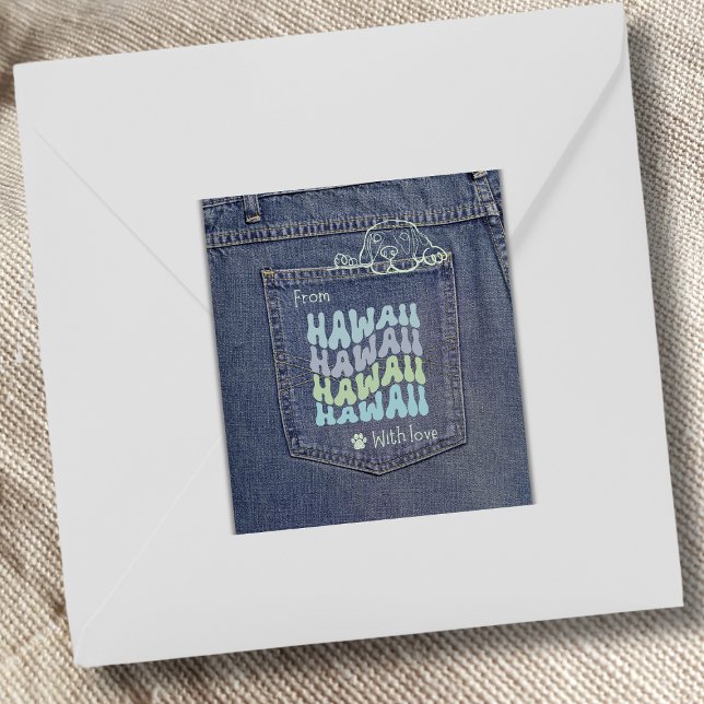 Hawaii Dog in Jean Pocket Classic Square Sticker (Cute denim pocket sticker with a doggy peeking out. Use it on gifts, packages and envelopes!)