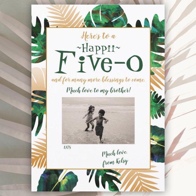 Hawaii Five-0 50th Birthday Card (gold fern leaves hawaii 5-0 50th birthday tropical happy birthday greeting card)