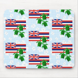 Hawaii Flag and Green Sea Turtles Floral Mouse Pad